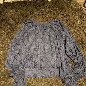 Free People Navy Lace Long Sleeve Peasant Top